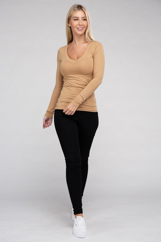 Deep V-Neck Long Sleeve T-Shirt