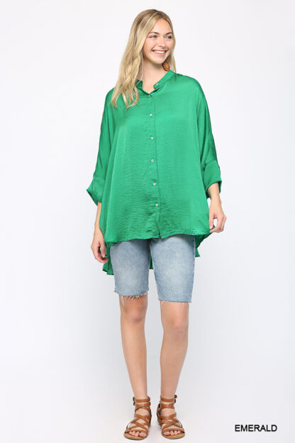 Front view green washed satin blouse