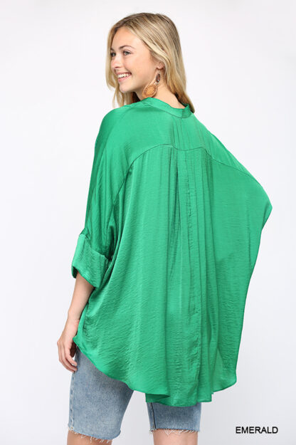 Back view, green washed satin blouse
